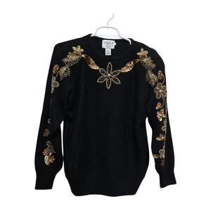 Cervelle Vintage Black Gold Beaded Angora Sweater Small